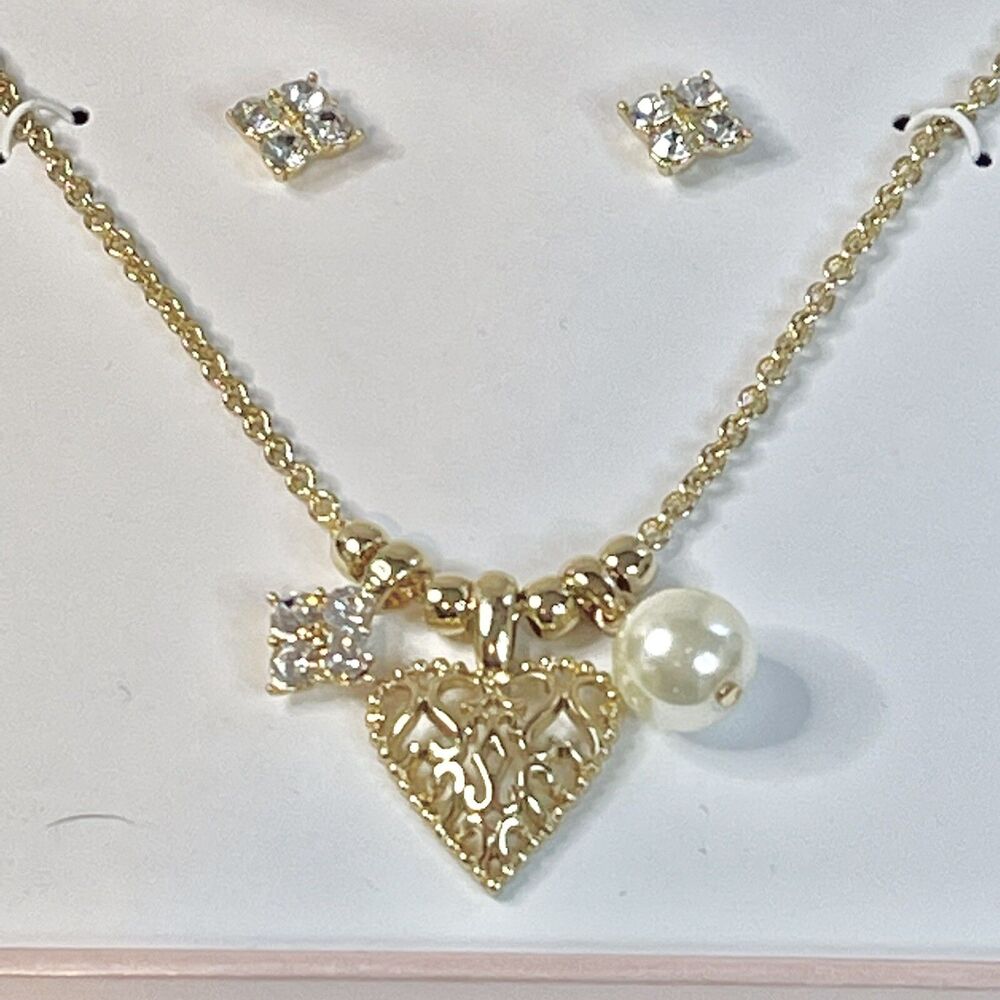 Charter Club Necklace & Earrings Rhinestones Heart & Pearl Gold Beads Brand New